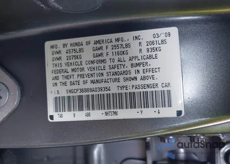 2009 Honda Accord 3.5 Ex-L from USA, damaged, VIN 1HGCP36889A039354